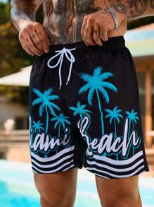 Manfinity Swimmode 男士休闲度假风格棕榈树和字母印花抽绳腰部斜口袋沙滩短裤，夏季 - 黑色 - 查看 4