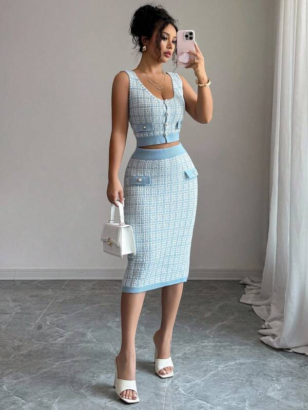 Elenzga Sleeveless V-Neck Cropped Tank Top & Bodycon Mini Skirt Elegant Romantic Knit 2-Piece Set For Women