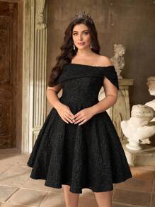 Aureia 加大码优雅奢华黑色露肩大蝴蝶结提花面料系带长裙礼服