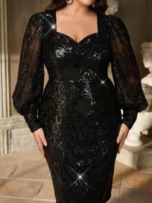 Aureia 加大码优雅浪漫黑色甜心领奢华刺绣亮片拼布透明长袖紧身鸡尾酒会连衣裙 - 黑色 - 查看 4