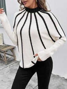 SHEIN LUNE Suéter de cuello alto de manga larga con contraste de color, jersey de punto de otoño/invierno - Blanco y Negro - Ver 5