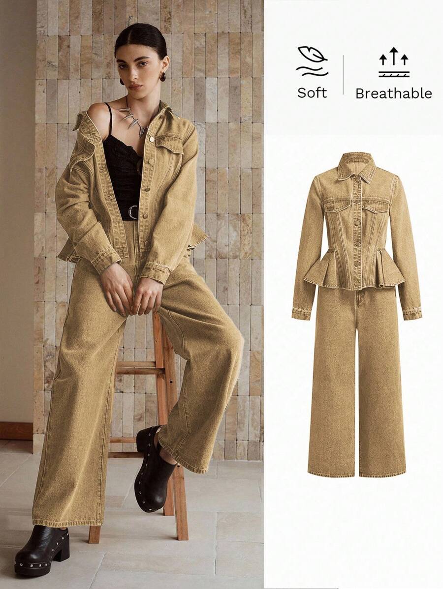 MOTF PREMIUM FLAP DETAIL PEPLUM HEM DENIM JACKET & WIDE LEG JEANS SET - Khaki - View 1