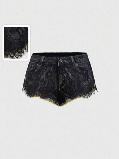 EDITION Y2K Vintage Harajuku Lace Applique Sexy Ultra Low Waist Mini Denim Shorts