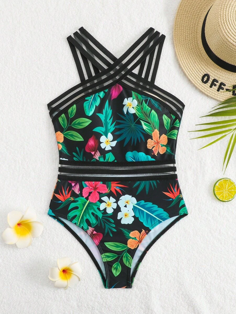 青少年女孩热带植物印花拼布丝带连体比基尼泳装,母子装(2 件单独出售) - 彩色 - 查看 1