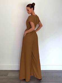 Siren Gaze Women's Elegant Casual Holiday/Office Commute V-Neck Belted Loose Jacket And High Waist Relaxed Pants, Suitable For Summer Brown