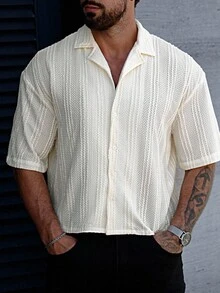 Manfinity Homme Plus Size Men's Casual Solid Color Short Sleeve Button-Up Shirt - Beige - View 1