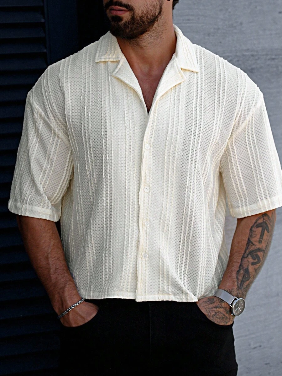 Manfinity Homme Plus Size Men's Casual Solid Color Short Sleeve Button-Up Shirt - Beige - View 1