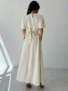 Firerie 女士优雅休闲通勤杏色圆领荷叶边短袖修身衬衫上衣和 A 字宽松短裙 2 件套 - 杏色 - 查看 2