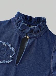 Ontre Tween Girl Floral Print Ruffle Hem & Sleeve Casual Dress - Medium Wash - View 3