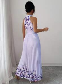 Elenzga 女式夏季优雅花卉宽松露背连衣裙 - 紫色 - 查看 2