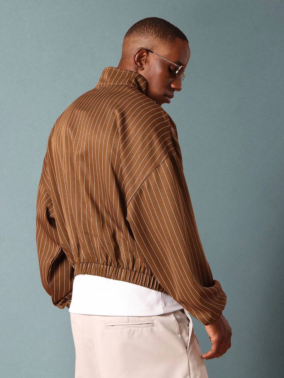 Oversized Pinstripe High Neck Bomber With Zip Closure