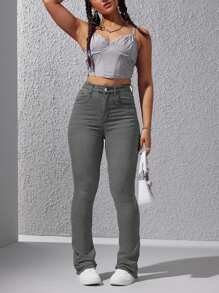 EURMUSE 女式口袋紧身休闲百搭牛仔裤 - 淺灰色 - 查看 3