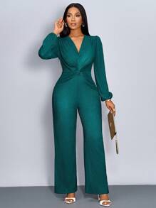 SOLERSUN Bộ đồ liền thân dài tay cổ chữ V sâu thắt nút xoắn - Màu xanh lá cây đậm - Xem 6