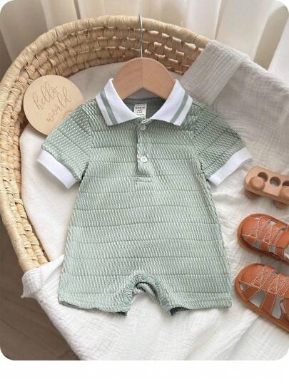 Recién nacido bebé niño/niña Mono de manga corta con cuello polo de punto suave y cómodo de tela jacquard de color contrastante, adecuado para vacaciones, hogar y salidas