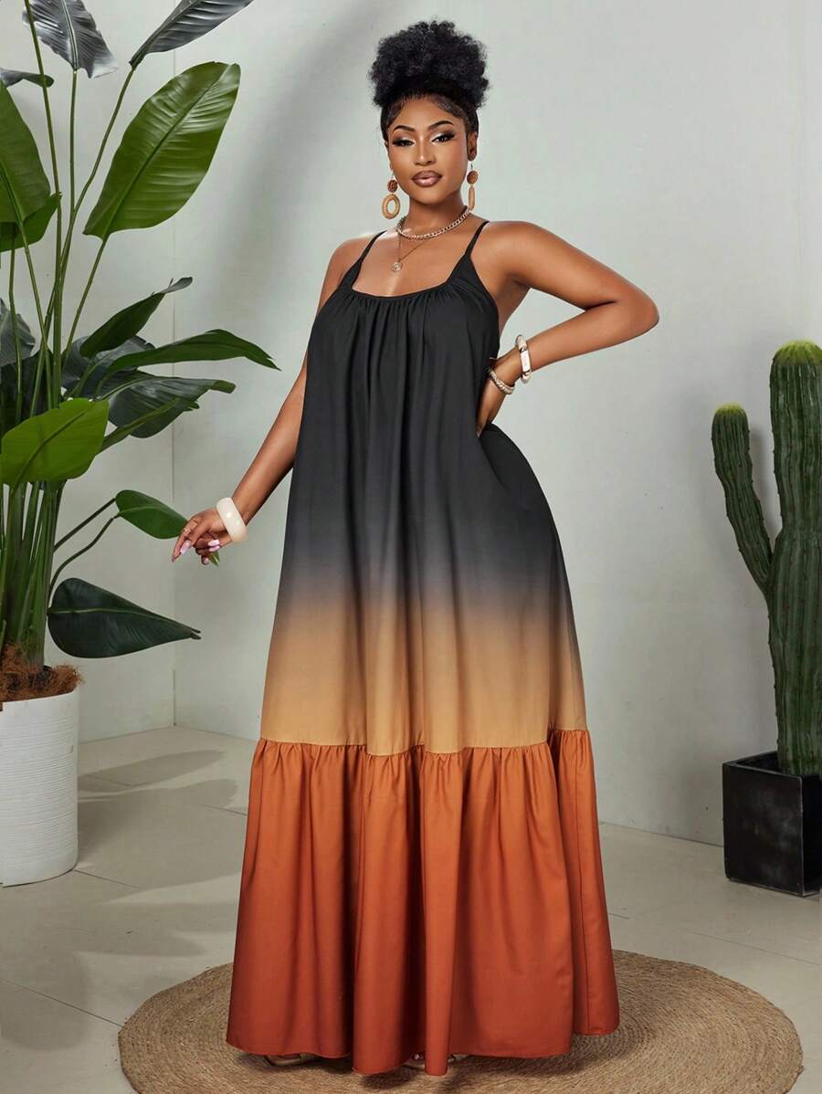 Maweii 2025 Plus Size Women Elegant Daily Outgoing Fashion Colorblock Floral Print Woven Fabric High-End Versatile Vacation Slip Dress