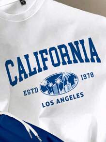 Manfinity Joysei Men's Fitted Knit Top And Woven Shorts Set, Casual Minimalist California Slogan Pattern, Drawstring And Elastic Waist Design, Cozy Outfits