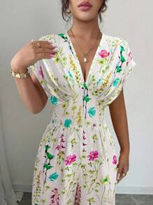 Elenzga Bộ đồ liền thân thường ngày tay lỡ họa tiết nhiều màu cổ chữ V, ôm sát, bó sát, màu mơ cho nữ, thích hợp cho kỳ nghỉ mùa thu - màu xanh lá - Xem 5
