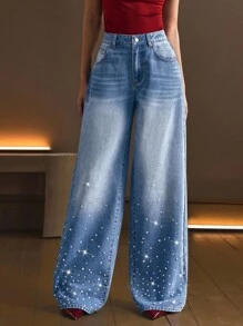 Selenza Women's Distressed Diamond Rivet Decor Wide-Leg Jeans