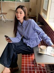 DAZY 女式彼得潘领格子休闲蓝色长袖韩版纽扣衬衫，秋季 - 藍色 - 查看 7