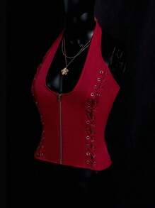 SHEIN ICON 女式纯色拉链挂脖系带绒面革背心红色束身衣上衣红色上衣女式束身衣上衣女式系带束身衣上衣红色上衣秋季女式服装婚礼宾客礼服女式 - 棕色 - 查看 4