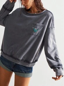 Bohemela 秋冬波西米亚风音乐节休闲纯色针织圆领宽松水洗女式图案卫衣 - 灰色 - 查看 4