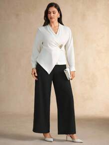 Flouryn Plus Size Elegant White Women Blouse,Metal Decor Pleated Design Long Sleeve Solid Color Versatile Top For Autumn Dinner Party Business Casual Work - Beige - View 3