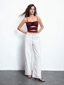 Maija Red Hollow Out Waist Fitted Women's Camisole With 3D Rose Flower Decor, Elegant Body-Flattering For Casual, Holiday, Party, Versatile, Spring/Summer