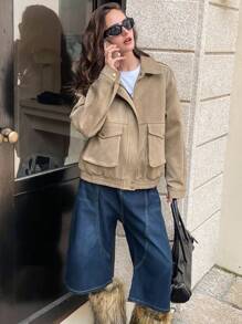 Aveloria Affinna 女式休闲绒面翻领拉链夹克，大口袋，百搭秋冬，高端款式，浅灰色和咖啡色 - 卡其色 - 查看 6