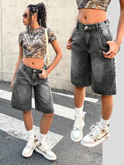 SHEIN Teen Girls' Casual Grey Button Pocket Denim Shorts, Y2k Denim Shorts, Teen Girls Y2k Shorts, Baggy Denim Shorts, Jean Shorts Y2k, Washed Denim Shorts,Een Girls' Dark Grey Denim Bermuda Shorts In Streetwear Style With Zipper Closure