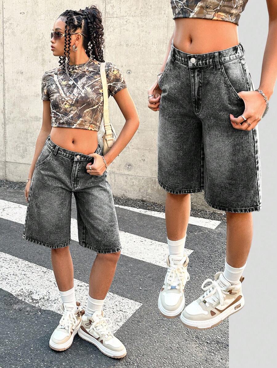 SHEIN 少女休闲灰色纽扣口袋牛仔短裤 - 深灰色 - 查看 1