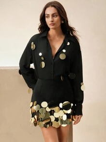 Anewsta 手工银色亮片装饰百搭雪纺衬衫，女士春季 - 黑色 - 查看 5