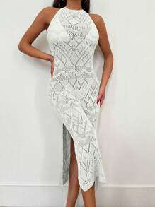 SHEIN Tall Cover-Up Dress With Hole, Slit, Halter Neck, - White - View 4