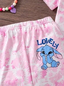 2 件套年轻女孩可爱图案上衣和长喇叭裤套装，鲜艳的扎染面料，休闲日常穿着 - 粉色 - 查看 4