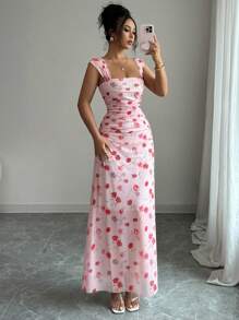 Elenzga Đầm maxi nữ dáng chữ A cổ vuông, chất liệu lưới, in hoa, xếp ly eo, thanh lịch, thích hợp cho hẹn hò, du lịch, tôn dáng, mùa xuân/hè. - Nhiều màu - Xem 6