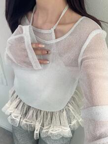 FRIFUL Women's Sheer Long Sleeve 2 In 1 Top, Summer - White - View 1
