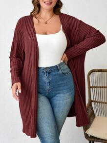 Comfylo Cárdigan de punto acanalado de color liso talla grande para ropa de primavera, otoño e invierno - Burdeos - Ver 6