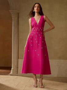 MOTF PREMIUM RHINESTONE DETAIL FLARE HEM PROM DRESS - Hot Pink - View 4