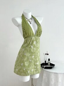 Elamini Vestido mini elegante de verano para mujer con tirantes de lazo, plisado, parches bordados con lentejuelas y espalda descubierta en color verde menta - verde menta - Ver 1