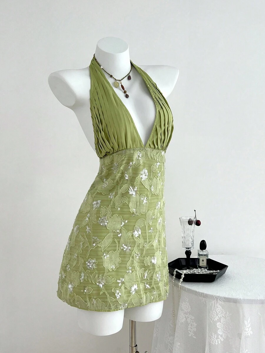 Elamini Vestido mini elegante de verano para mujer con tirantes de lazo, plisado, parches bordados con lentejuelas y espalda descubierta en color verde menta - verde menta - Ver 1
