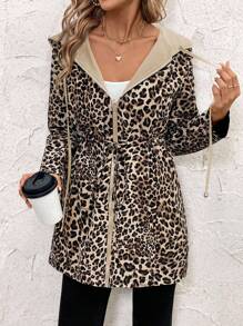 SHEIN Clasi Women's Reversible Leopard Print Drawstring Casual Jacket In Fall/Winter - Khaki - View 4