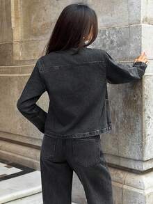 EURMUSE WOMEN GREY DENIM JACKET WITH USABLE POCKETS - Black - View 3