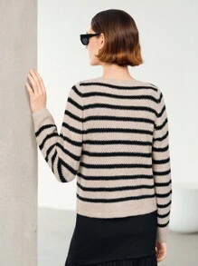Uhlyne Vintage Style Loose Round Neck Long Sleeve Knitted Brown And Beige Contrast Stripe Metal Button Cardigan For Women, Spring/Autumn/Winter,Minimalist,Work Wear, Office Wear, Teacher Outfits, Back To School, Fall , Neutral Clothes,Business Casual, Old Money Style Knitted Sweater
