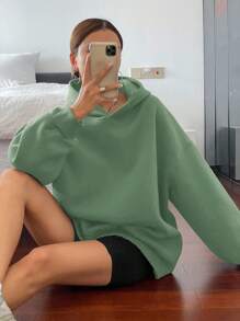 DAZY Áo nỉ trùm đầu màu trơn lót nhiệt thường ngày cỡ lớn - màu xanh lá - Xem 2