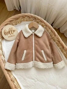 SHEIN Chaqueta térmica forrada con parches linda para niña, versátil para otoño/invierno - Caqui - Ver 4