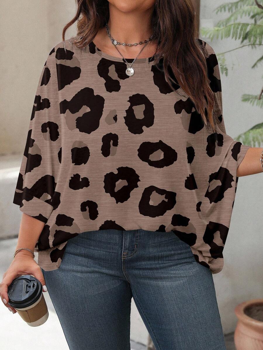 SHEIN LUNE 加大码休闲豹纹印花宽松圆领长袖 T 恤，适合春夏季 - 彩色 - 查看 1