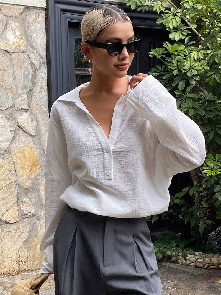 DAZY Solid Color Loose Long Sleeve Pullover Casual Vintage Blouse For Women, Autumn,Fall Women Clothes - White - View 8