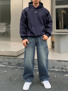 DAZY 男士秋季工装口袋阔腿宽松休闲牛仔裤 - 淺藍色 - 查看 4