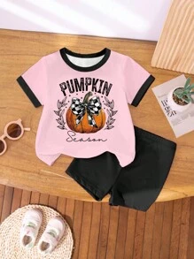 Halloween Girls Casual Fashion Creative Pumpkin Checkerboard Bow Decor Pattern Print Casual Holiday Basic Short Sleeve Top And Bike Shorts 2pcs Set Pumpkin Season Shirt Girls Fall Shirt Halloween Shirt Cute T Shirt Girls Tshirt