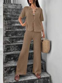 EURMUSE 2pcs/Set Summer Thin Knit Short Sleeve Top And Long Pants Coverup - Camel - View 4