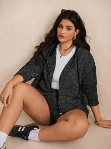 Elaquor Set de 2 piese, casual, versatil, vopsit în stil Tie-Dye, negru, pentru femei, mărime plus, jachetă cu hanorac și pantaloni scurți cu fermoar, toamnă - Negru - Vizualizare 4